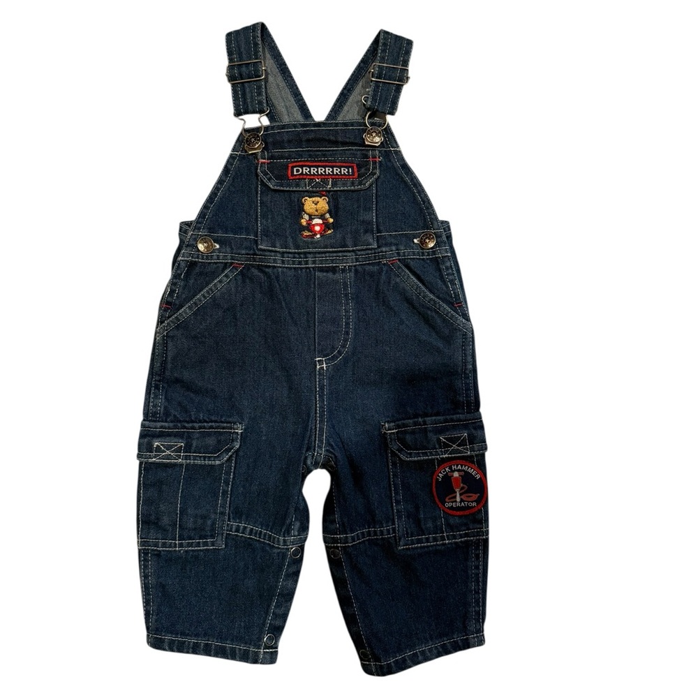 Vintage Blue Denim Kids Overalls with Teddy Bear Patchwork 100% Cotton